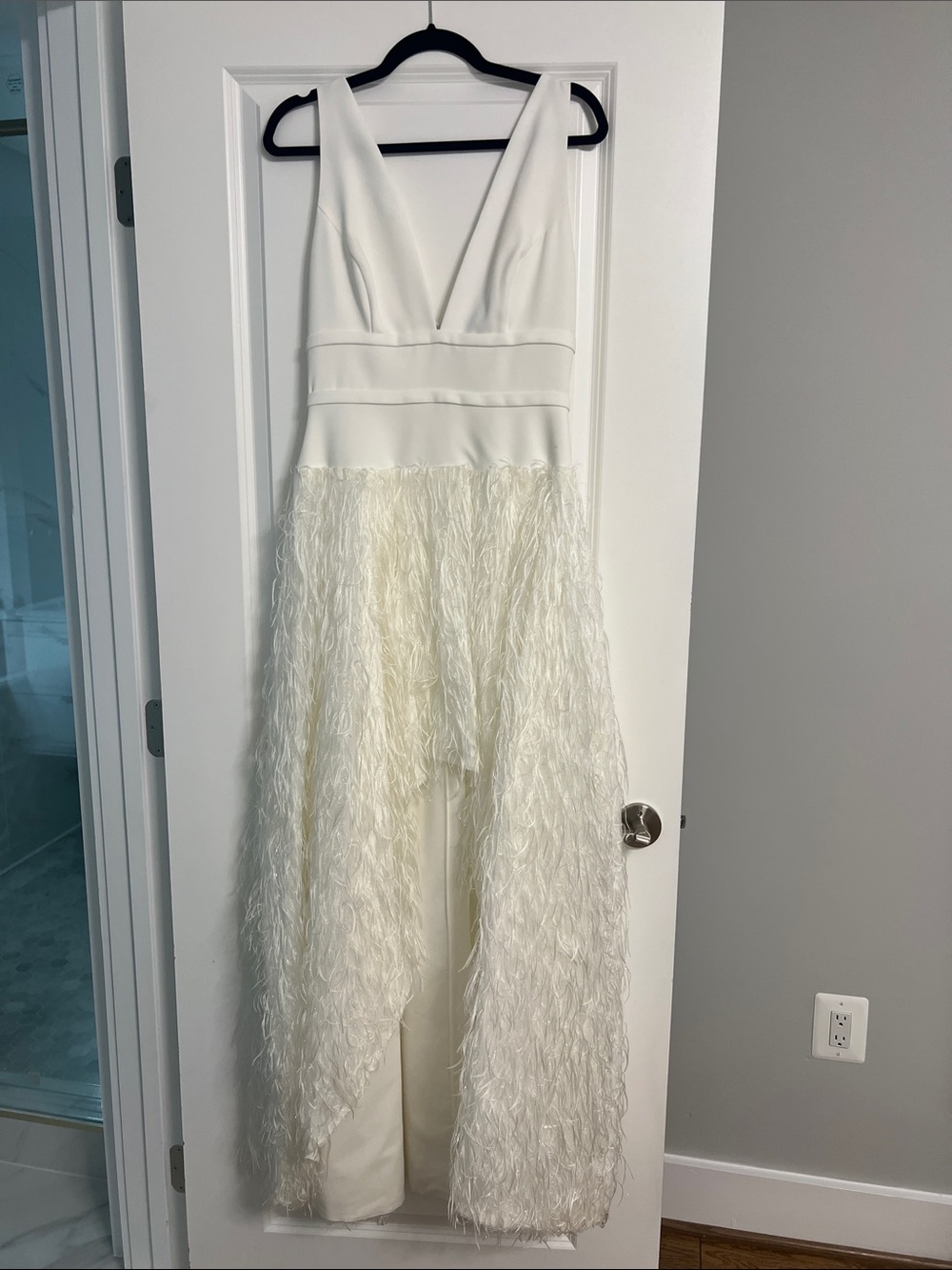 BCBGMaxAzria Ivory High-Low Feather Skirt Dress